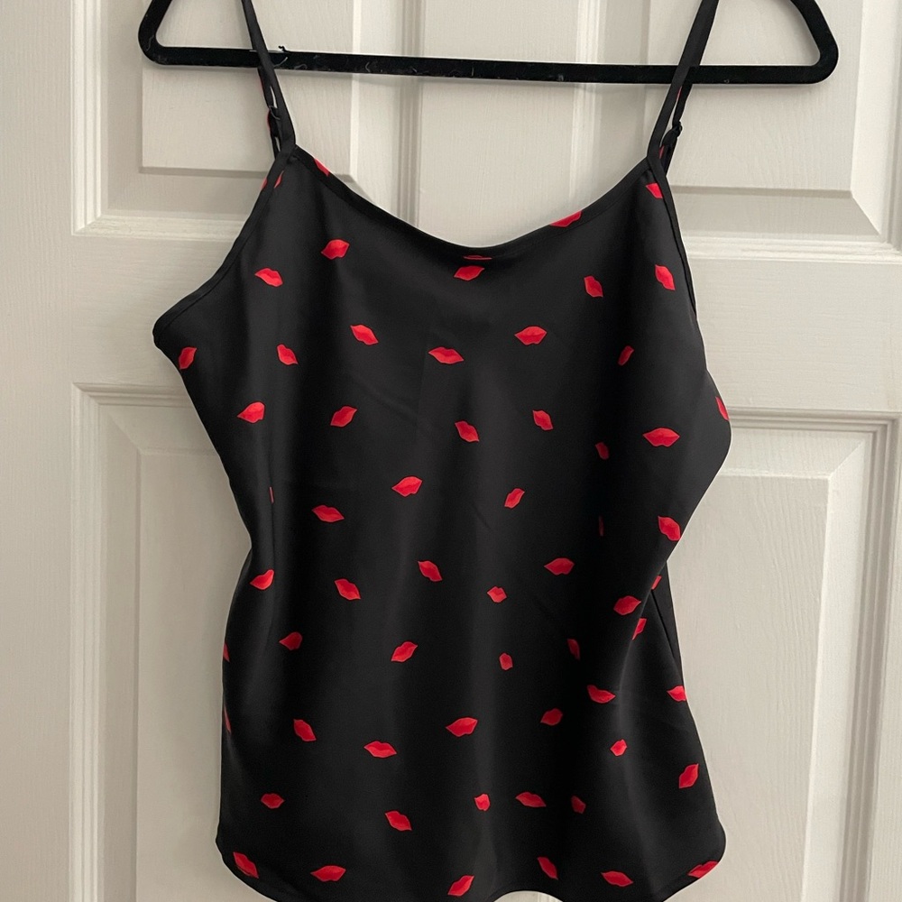 Sexy Black Camisole with Red Lip Print 💋 💋 💋 Silky to Touch with Lots of Kisses